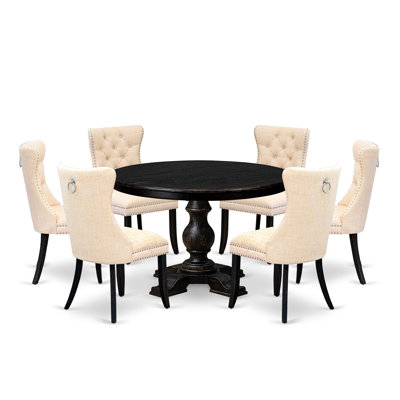 7-pc Dinette Set consists of a kitchen table and 6 Light Beige Polyester dinner chairs with Button Tufted Back - Sand Blasted Black