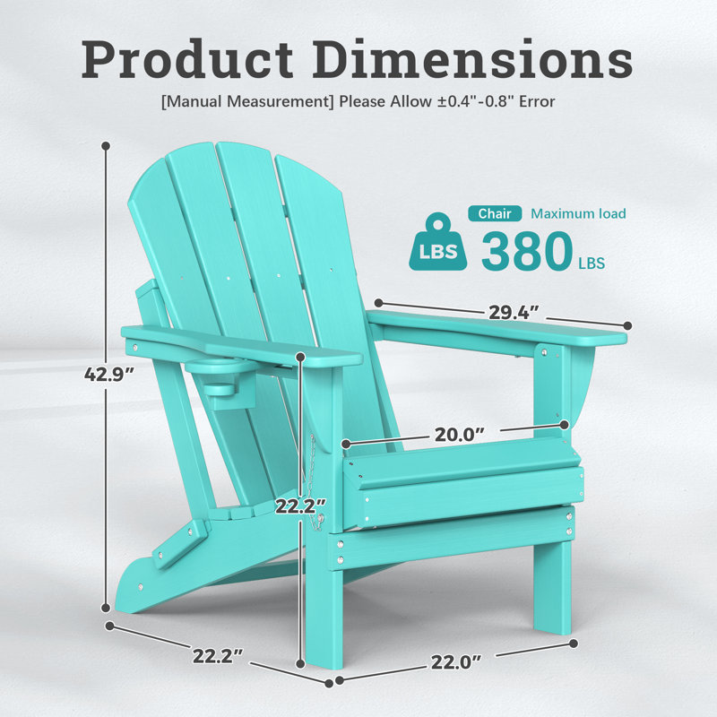 HDPE Outdoor Adirondack Foldable Chair With Cup Holder, Lake Blue