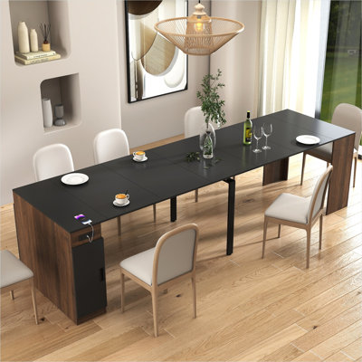 Table de salle à manger extensible en noyer 14 places avec rangement, finition noire, design multifonctionnel moderne