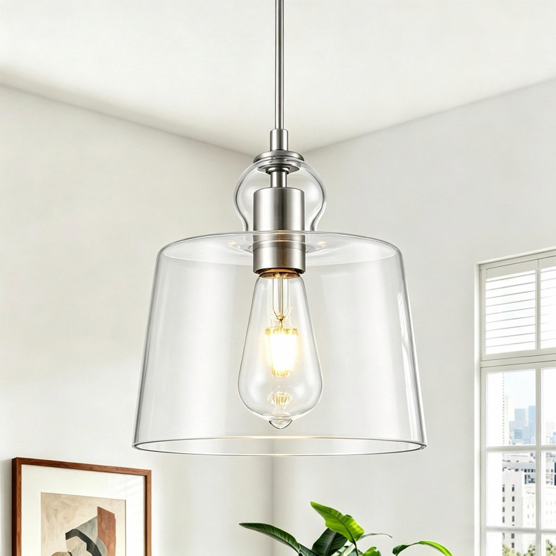  Luminaire suspendu en verre transparent à 1 lumière pour salle à manger, Chrome chrome