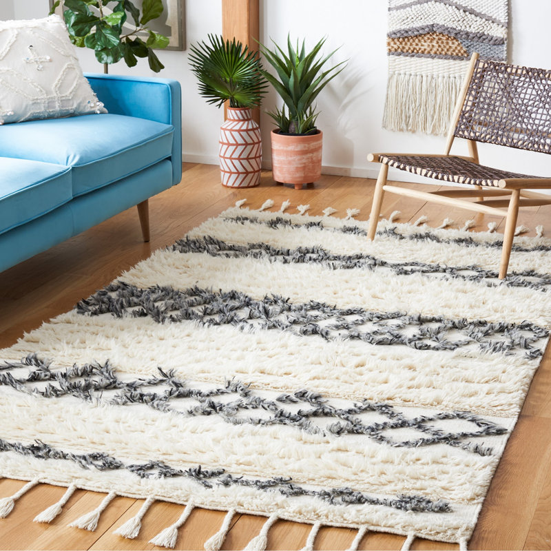 Benyam Hand Loomed Wool/Cotton Geometric Rug in Ivory/Dark Gray, Rectangle 8' x 10'