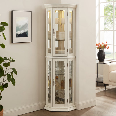 Vitrine de coin lumineuse avec tablette en verre avec portes en verre trempé, tablettes réglables et ampoule à perles incluse - armoire de bar idéale pour la décoration intérieure - BLANC