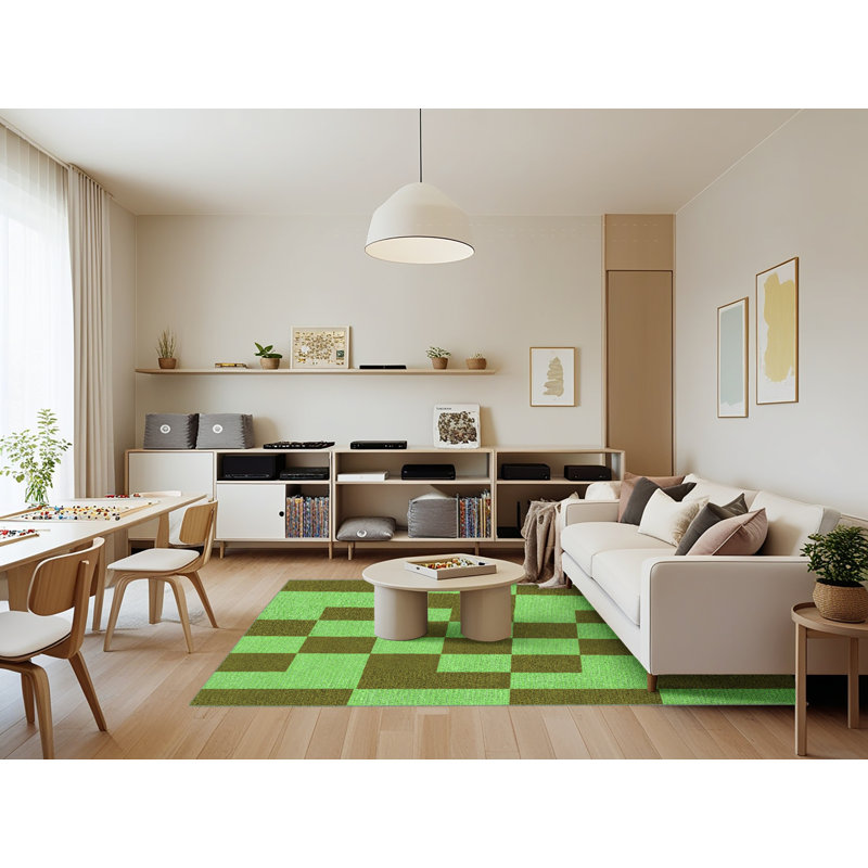 Tapis géométrique en laine vert, Rectangle 7 pi x 9 pi