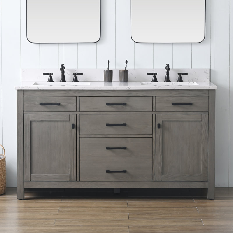 Meuble-lavabo double 60 po Ajiya, Gris texturé / noir mat, Blanc de Carrare