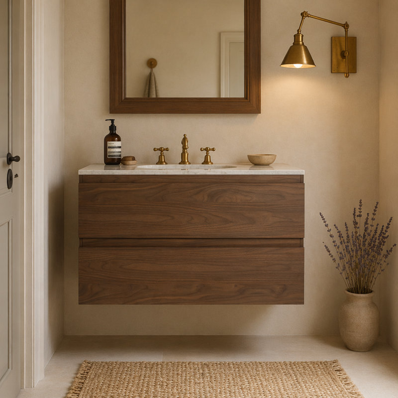 Base de meuble-lavabo simple mural, Brown Oak, 19.69" H x 35.19" W x 17.94" D