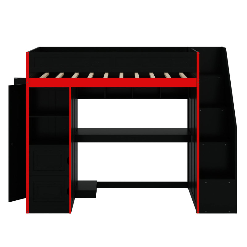 Lit mezzanine Gaming - bureau, espace de rangement et éclairage DEL, Lit simple