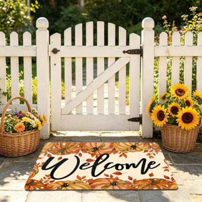Autumn Pumpkin Welcome Door Mat For Outdoor And Indoor, 24 X 36 In, Orange Beige