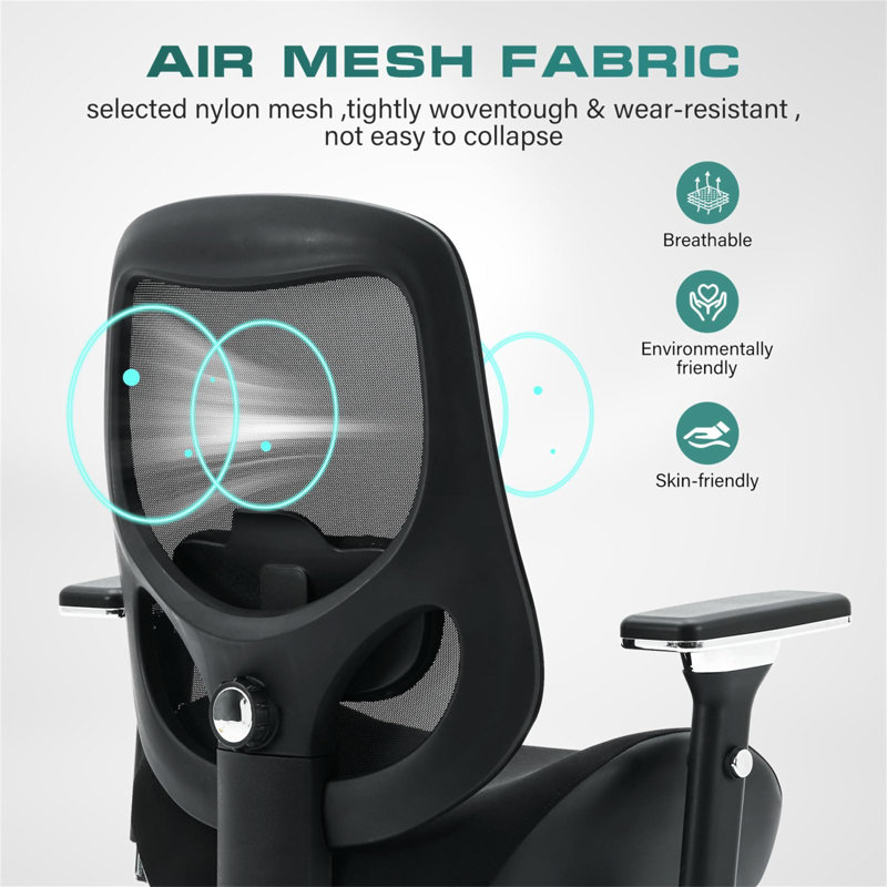 Grande et grande chaise de bureau avec coussin de siège large et épais pour les personnes lourdes Chaises de bureau ergonomiques en maille d'ordinateur avec accoudoirs 4D, soutien lombaire réglable pour adultes 8 heures de travail