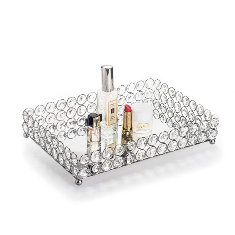 Crystal Cosmetic Makeup Tray, Mirrored Vanity Tray, Large Jewelry Trinket Organizer Tray, Ornate Decorative Tray