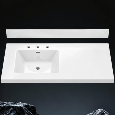 Plan de toilette en surface solide de 107 cm (42 po) avec lavabo intégré à gauche, comptoir de salle de bain blanc avec dosseret de 9 cm (3,5 po) et 3 trous prépercés pour robinet à entraxe de 20 cm (8 po).
