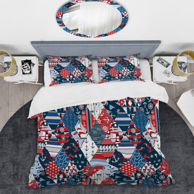 Patchwork rouge et bleu - ensemble de housse de couette abstrait - microfibre de polyester