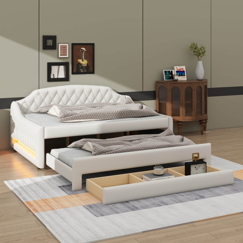 Lit de jour double avec revêtement, éclairage intégré, lit gigogne et trois compartiments, Beige