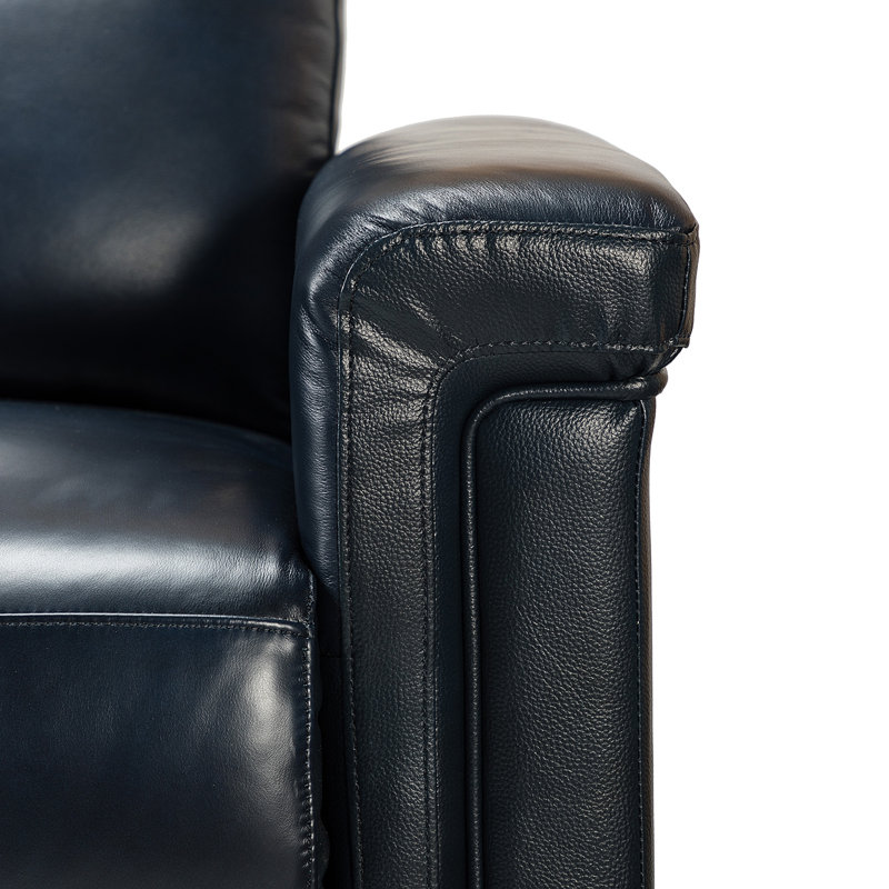 Adela 36.02'' W Genuine Leather Power Recliner with Solid Wood Legs, Navy  Genuine Leather