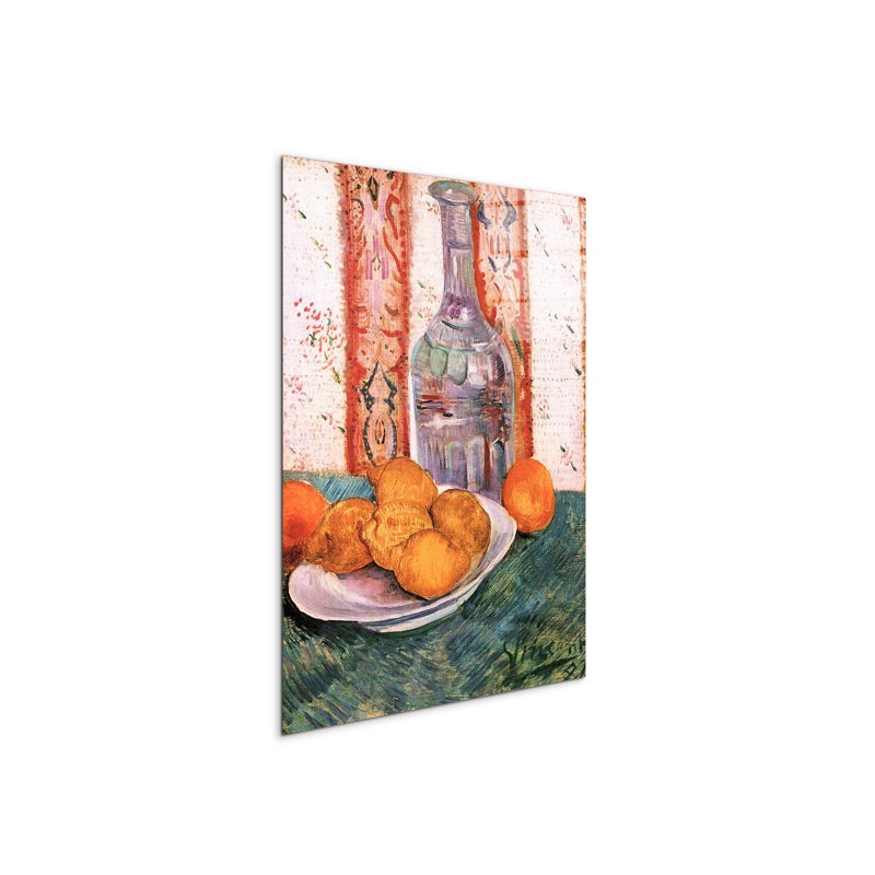 Still life with bottle and lemons on a plate By Van Gogh Vincent 80cm H X 60cm W CrystalArt Material Acrylic Glass Effect, Frameless Panel Lightweight Ready to Hang