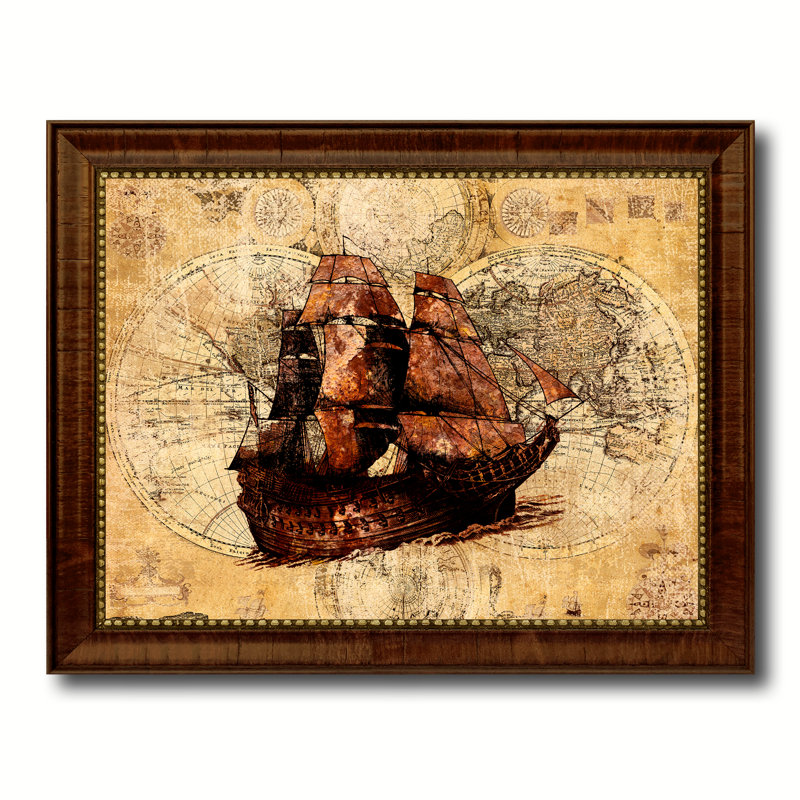 Bateau, carte nautique rétro, reproduction d'art textuel sur toile, Encadrement brun, H 15 po x l 19 po