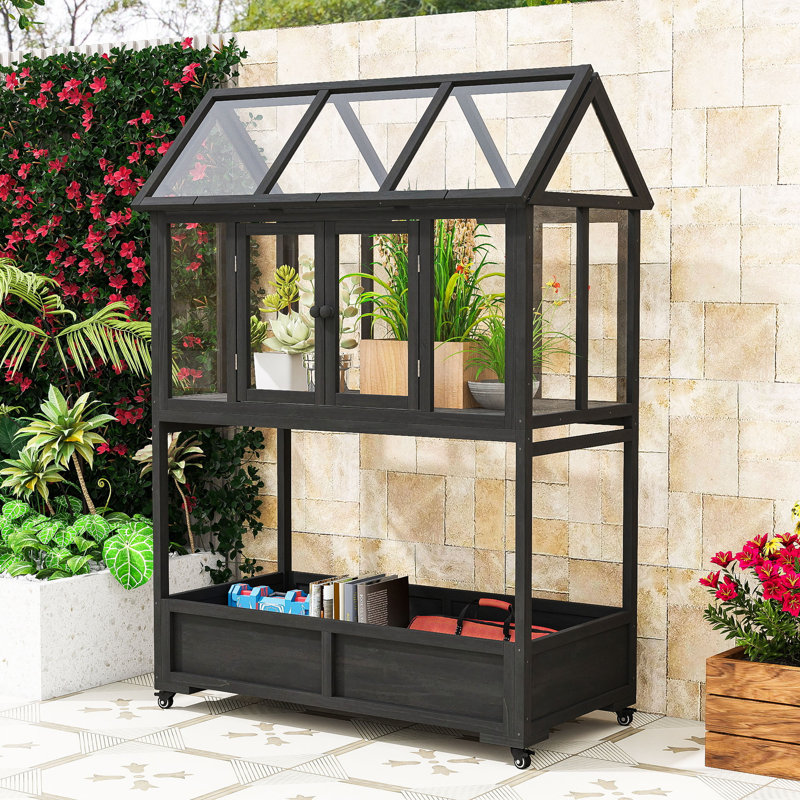 Garden Mini Greenhouse with Movable Wheels, Openable Roof and Storage Box, Black