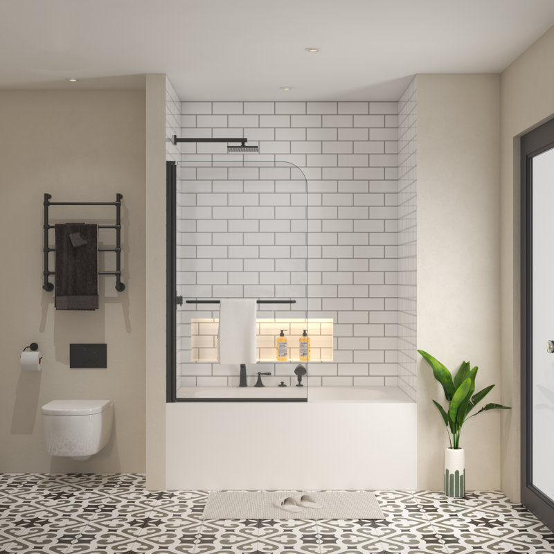 34"W x 58"H Matte Black Frameless Pivot Tub Door with Clear Glass