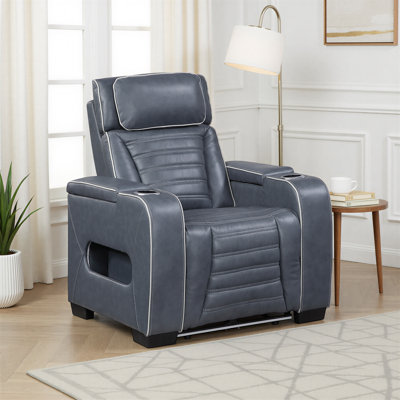Fauteuil inclinable électrique moderne et contemporain en cuir fleur de 38 po Moderne avec appui-tête électrique, massage à air, chaleur, éclairage DEL et deux accoudoirs de rangement