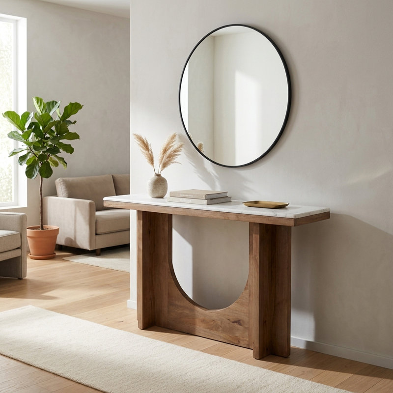Console rectangulaire en marbre et en bois de manguier Adonia pour hall d'entrée - Canapé moderne étroit avec plateau en marbre pour vestibule et couloir - 52 po, blanc et brun