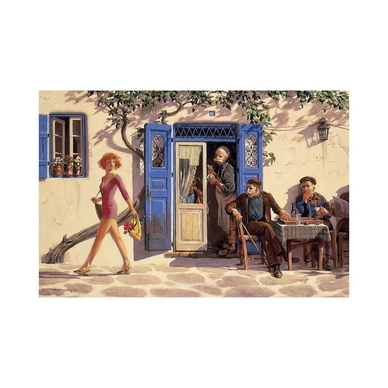 «Les hommes politique de Mykonos» par Maher Morcos - peinture sur toile tendue, H 12 po x l 18 po x 1,5 po
