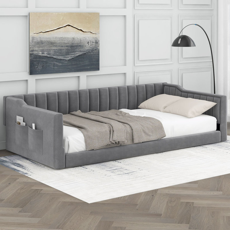Upholstery Daybed and Side Storage pocket, Gray, Twin