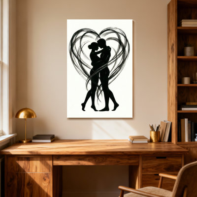 Silhouette abstraite couple embrassant un cœur