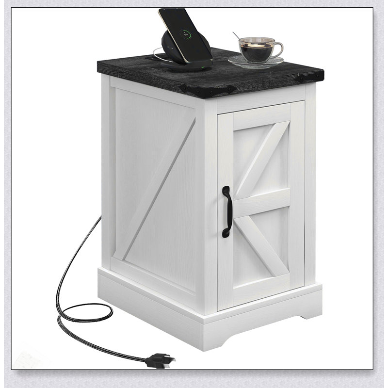 Table de bout Farmhouse avec station de charge, ports USB et armoire de rangement pour le salon