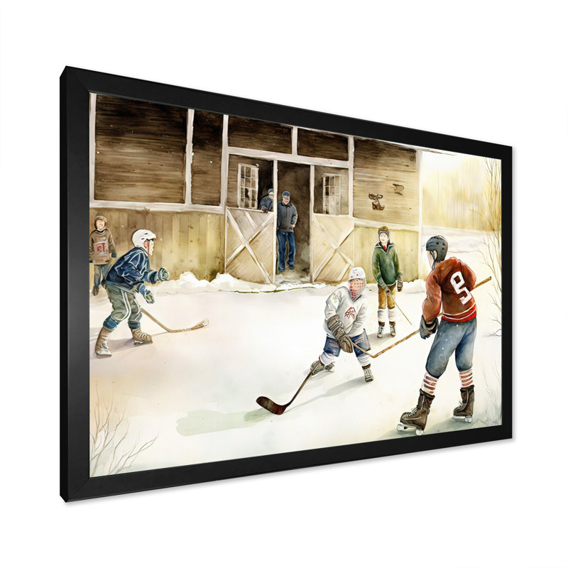 Enfants jouant au hockey sur la patinoire II - Impression sur toile, H 16 po x l 32 po x P 1 po