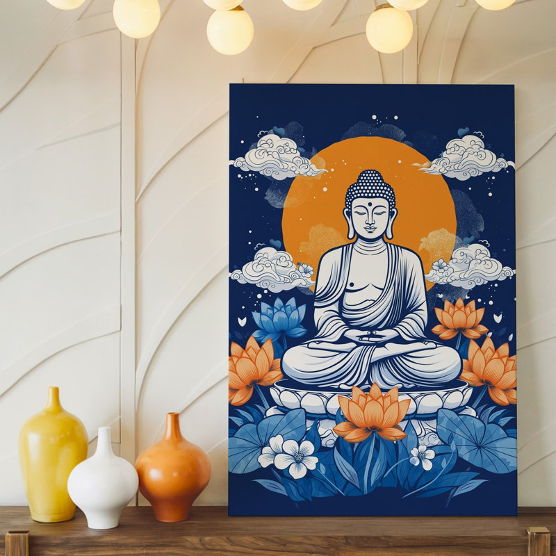 Toile, statue de Bouddha sereine assise dans une pose méditative ornée de détails complexes et d'une expression tranquille