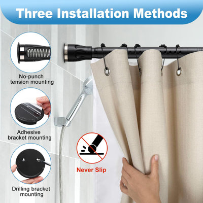 Barre de rideau de douche extensible, réglable de 42 à 115 pouces, robuste, noire, pour salle de bain, placard et fenêtres.