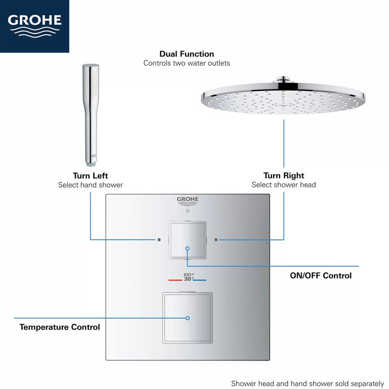 Grohtherm Cube® Dual Function 2-Handle Thermostatic Trim, StarLight Chrome