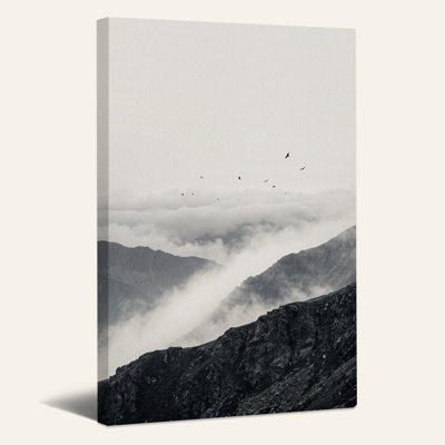 Black And White Mountain Peaks With Birds Canvas Wall Art