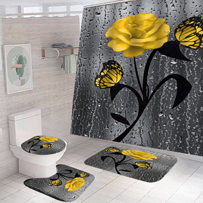 Ensemble de salle de bain 4 pièces Bohemian Garden | Rideau et doublure de douche à motif floral résistant à l'eau, tapis antidérapant, crochets | Décor vibrant et moderne
