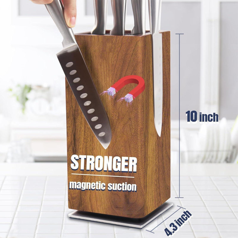 Magnetic Knife Block Without Knives, 360° Rotatable Magnet Knife Holder Stand Made Of Fine Acacia Wood, Extra Large Capacity Knife Storage For Knives And Utensils For Kitchen Counter Top