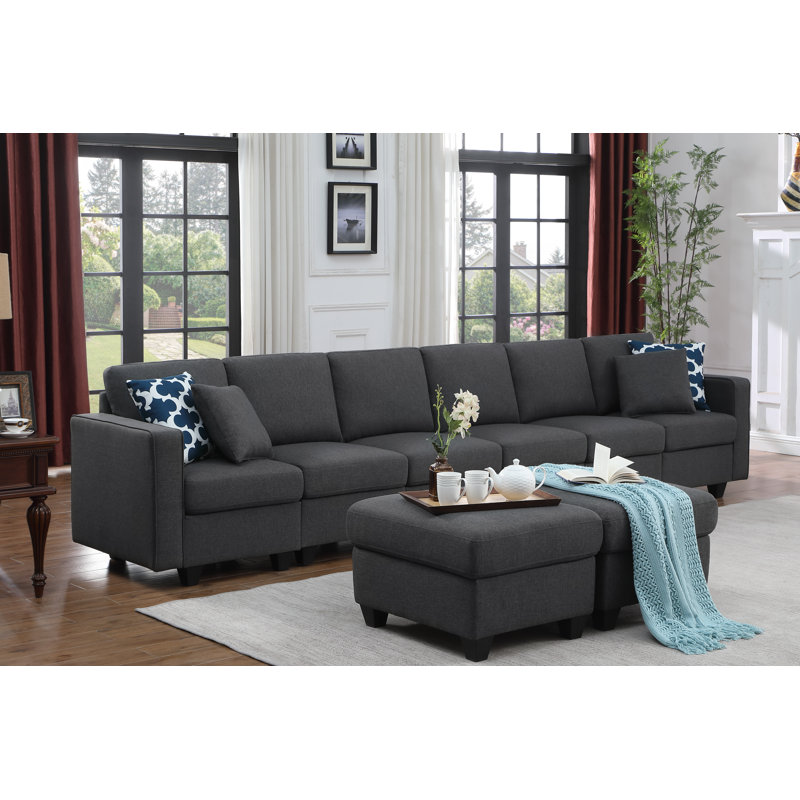 Jessica 148.5" Wide Modular Sofa with Ottoman, Dark Gray Linen