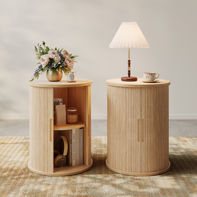 Mosser Round Fluted End Table With Sliding Tambour Door And Storage Shelf (Set Of 2), Oak Wood