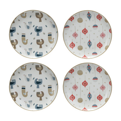 Round Stoneware Plate Set with Holiday Pattern