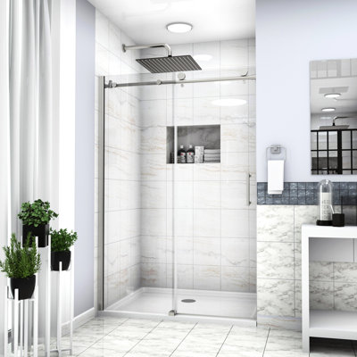 48"w X 76"h Single Sliding Shower Door Enclosure, . Tempered Glass. Stainless Steel Pull With Strong Durability. Improves Bathroom Ambiance. Professional Installation Advised 48" 76" Enclosure In