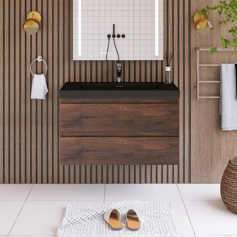 Madesyn 35.43'' Single Bathroom Vanity with Resin Top, Dark Brown