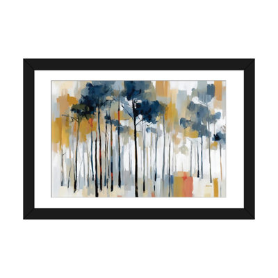 Paysage forestier abstrait aux arbres bleu-gris et aux chaudes nuances dorées - Impression d'art mural - Papier d'art encadré
