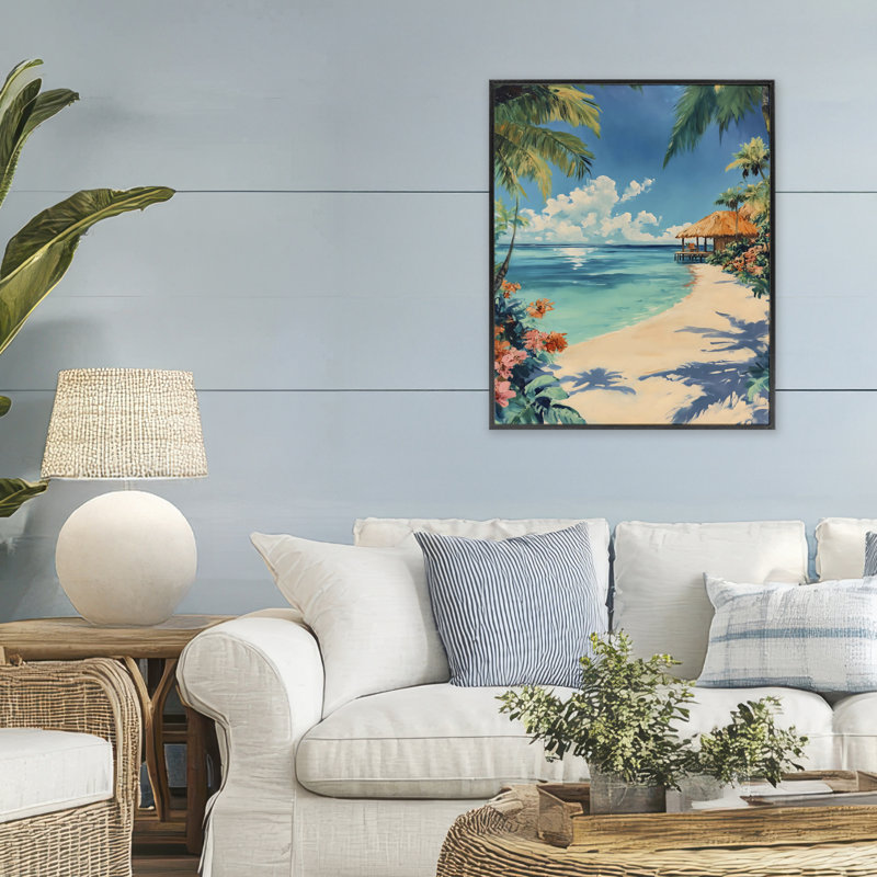 Giclée encadrée d'une cabane tropicale au bord de l'océan, design par Franklyn Gregory, H 30 po x l 24 po