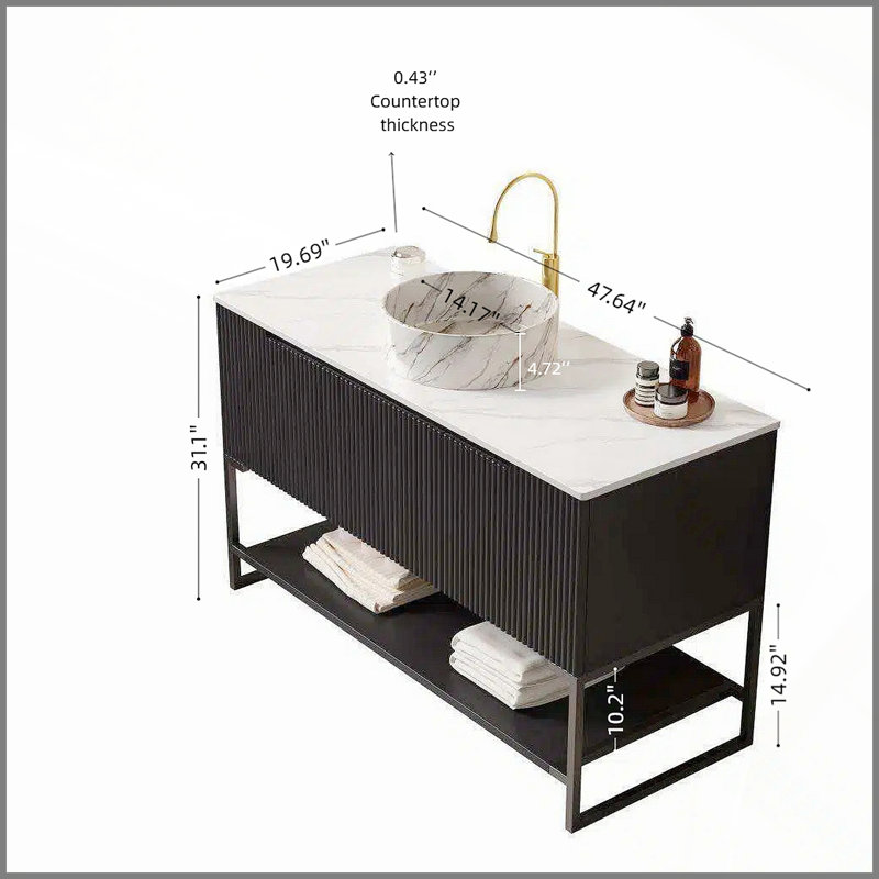 Meuble-lavabo 48 po, meuble de rangement autoportant avec 3 portes et tablette ouverte, lavabo rond en céramique blanc brillant avec motif en pierre et plateau en pierre frittée blanc de Carrare, noir