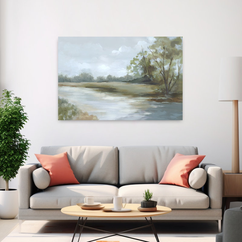 Tranquil Riverbank Reflections Abstract Contemporary Landscape Nature, art mural, H 40 po x l 60 po