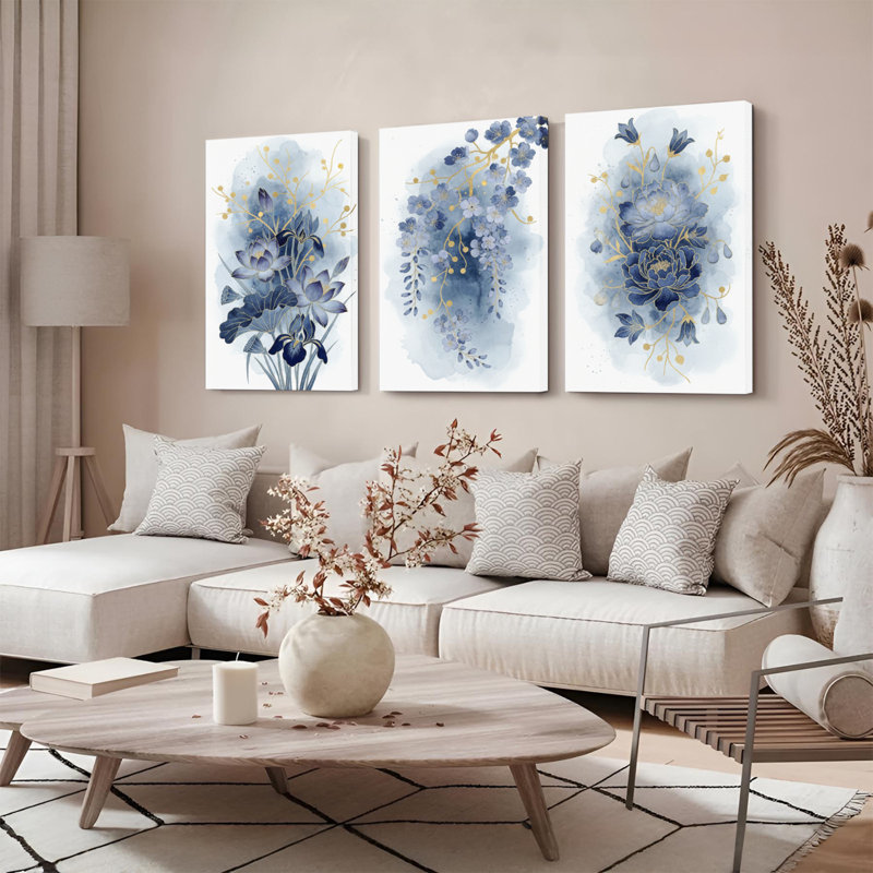 Ensemble de 3 reproductions d'art sur toile tendue à l'aquarelle bleue, H 18 po x l 36 po