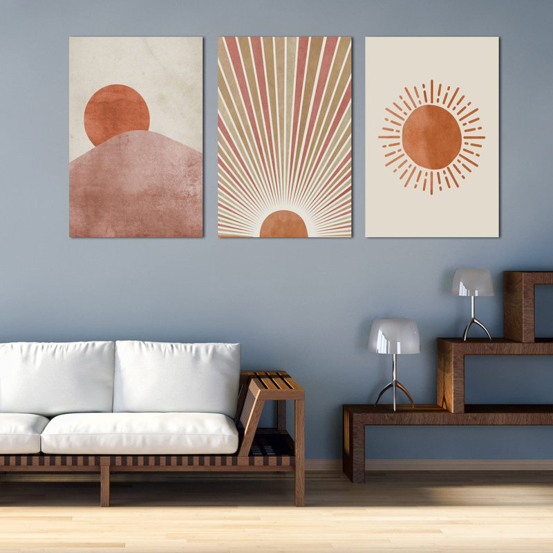 Toile abstraite murale 3 panneaux Boho Sun, H 24 po x l 16 po