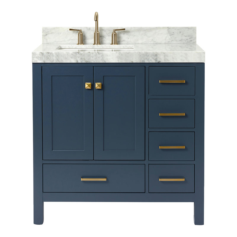 Ariel Cambridge 36 In. Left Offset Vanity With 2 In. Carrara Marble Countertop, Satin Brass, Midnight Blue