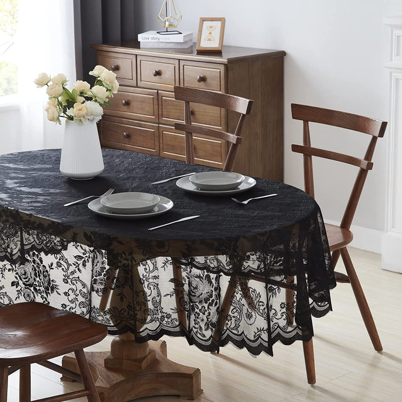 Delmarco Floral Lace Oval Tablecloth, Black, 84" x 60"
