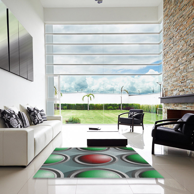 Tapis vert/gris/rouge à motifs, Carré 4 pi