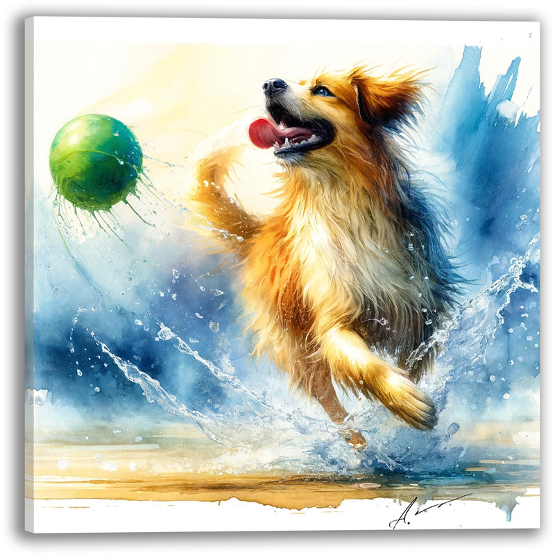 «Aquatic Fetch - Playful Leap Dog» sur toile, H 20 po x l 20 po x P 1,5 po