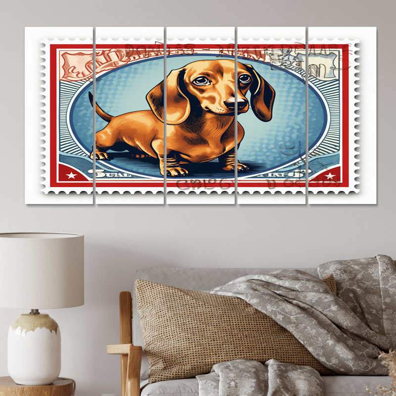Illustration rétro de timbre de teckel mignon V - animaux, toile de teckel, art mural - 5 panneaux égaux